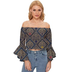 Pattern Floral Leaves Off Shoulder Flutter Bell Sleeve Top