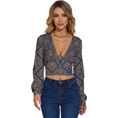 Pattern Floral Leaves Long Sleeve Deep-v Velour Top by Ravend