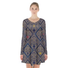 Pattern Flower Design Long Sleeve Velvet V-neck Dress