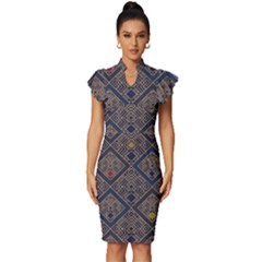 Pattern Flower Design Vintage Frill Sleeve V-neck Bodycon Dress by Ravend