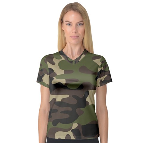 Texture Military Camouflage Repeats Seamless Army Green Hunting V-neck Sport Mesh T-shirt by Ravend