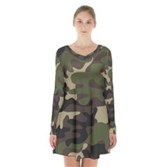 Texture Military Camouflage Repeats Seamless Army Green Hunting Long Sleeve Velvet V-neck Dress