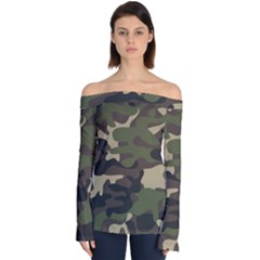 Texture Military Camouflage Repeats Seamless Army Green Hunting Off Shoulder Long Sleeve Top by Ravend