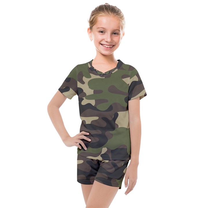 Texture Military Camouflage Repeats Seamless Army Green Hunting Kids  Mesh T-Shirt and Shorts Set