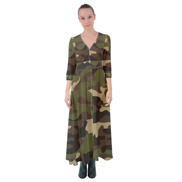 Texture Military Camouflage Repeats Seamless Army Green Hunting Button Up Maxi Dress