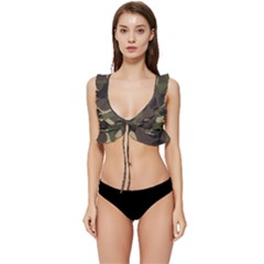 Texture Military Camouflage Repeats Seamless Army Green Hunting Low Cut Ruffle Edge Bikini Top by Ravend