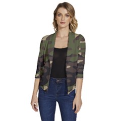 Texture Military Camouflage Repeats Seamless Army Green Hunting Women s Draped Front 3/4 Sleeve Shawl Collar Jacket by Ravend