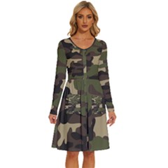 Texture Military Camouflage Repeats Seamless Army Green Hunting Long Sleeve Dress With Pocket by Ravend