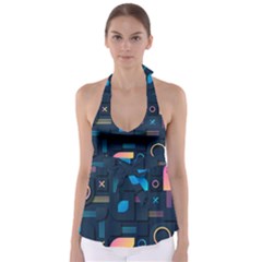 Gradient Geometric Shapes Dark Background Tie Back Tankini Top by Ravend