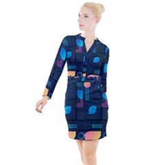 Gradient Geometric Shapes Dark Background Button Long Sleeve Dress by Ravend