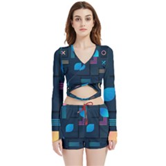 Gradient Geometric Shapes Dark Background Velvet Wrap Crop Top And Shorts Set by Ravend