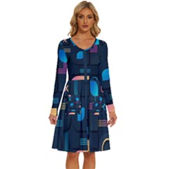 Gradient Geometric Shapes Dark Background Long Sleeve Dress With Pocket by Ravend