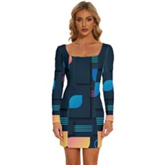 Gradient Geometric Shapes Dark Background Long Sleeve Square Neck Bodycon Velvet Dress by Ravend