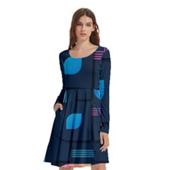 Gradient Geometric Shapes Dark Background Long Sleeve Knee Length Skater Dress With Pockets by Ravend