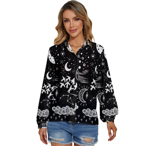 Vector Set Sketch Drawn With Space Women s Long Sleeve Button Up Shirt by Ravend