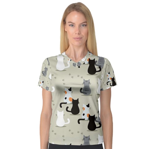 Cute Cat Seamless Pattern V-neck Sport Mesh T-shirt by Ravend