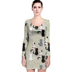 Cute Cat Seamless Pattern Long Sleeve Velvet Bodycon Dress