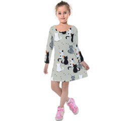 Cute Cat Seamless Pattern Kids  Long Sleeve Velvet Dress