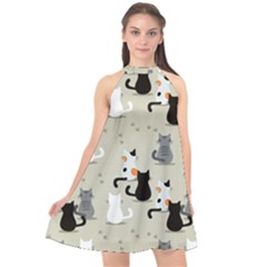 Cute Cat Seamless Pattern Halter Neckline Chiffon Dress  by Ravend