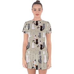 Cute Cat Seamless Pattern Drop Hem Mini Chiffon Dress by Ravend