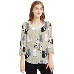 Cute Cat Seamless Pattern Chiffon Quarter Sleeve Blouse by Ravend