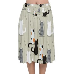 Cute Cat Seamless Pattern Velvet Flared Midi Skirt