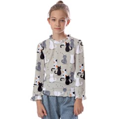 Cute Cat Seamless Pattern Kids  Frill Detail T-shirt