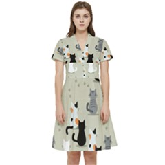 Cute Cat Seamless Pattern Short Sleeve Waist Detail Dress by Ravend