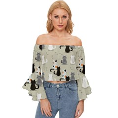 Cute Cat Seamless Pattern Off Shoulder Flutter Bell Sleeve Top