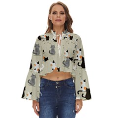 Cute Cat Seamless Pattern Boho Long Bell Sleeve Top