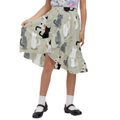 Cute Cat Seamless Pattern Kids  Ruffle Flared Wrap Midi Skirt by Ravend