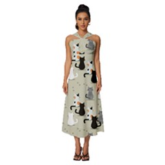 Cute Cat Seamless Pattern Sleeveless Cross Front Cocktail Midi Chiffon Dress by Ravend