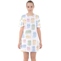 Cute Cat Colorful Cartoon Doodle Seamless Pattern Sixties Short Sleeve Mini Dress by Ravend