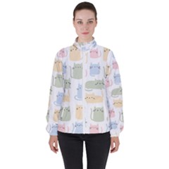 Cute Cat Colorful Cartoon Doodle Seamless Pattern Women s High Neck Windbreaker by Ravend