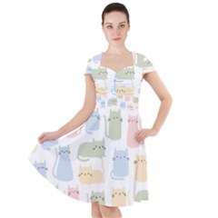 Cute Cat Colorful Cartoon Doodle Seamless Pattern Cap Sleeve Midi Dress by Ravend