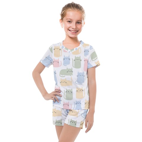 Cute Cat Colorful Cartoon Doodle Seamless Pattern Kids  Mesh T-shirt And Shorts Set by Ravend