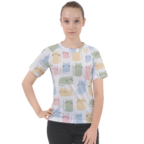 Cute Cat Colorful Cartoon Doodle Seamless Pattern Women s Sport Raglan T-shirt by Ravend