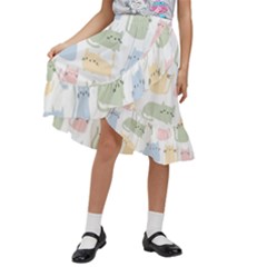 Cute Cat Colorful Cartoon Doodle Seamless Pattern Kids  Ruffle Flared Wrap Midi Skirt by Ravend