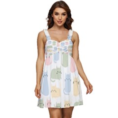 Cute Cat Colorful Cartoon Doodle Seamless Pattern Ruffle Strap Babydoll Chiffon Dress by Ravend