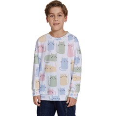 Cute Cat Colorful Cartoon Doodle Seamless Pattern Kids  Crewneck Sweatshirt