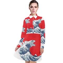 The Great Wave Of Kaiju Long Sleeve Chiffon Shirt Dress by Cendanart