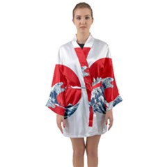 The Great Wave Of Kaiju Long Sleeve Satin Kimono by Cendanart