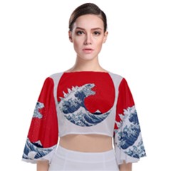 The Great Wave Of Kaiju Tie Back Butterfly Sleeve Chiffon Top by Cendanart