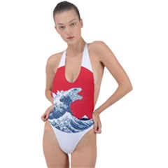 The Great Wave Of Kaiju Backless Halter One Piece Swimsuit by Cendanart