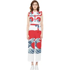 The Great Wave Of Kaiju Women s Frill Top Chiffon Jumpsuit by Cendanart