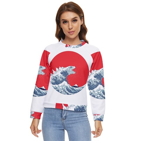 The Great Wave Of Kaiju Women s Long Sleeve Raglan T-shirt by Cendanart