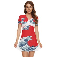 The Great Wave Of Kaiju V-neck High Waist Chiffon Mini Dress by Cendanart