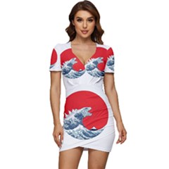 The Great Wave Of Kaiju Low Cut Cap Sleeve Mini Dress by Cendanart