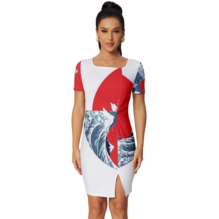 The Great Wave Of Kaiju Fitted Knot Split End Bodycon Dress