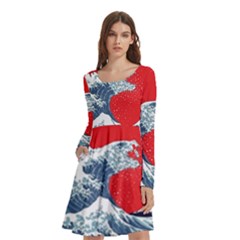 The Great Wave Of Kaiju Long Sleeve Knee Length Skater Dress With Pockets